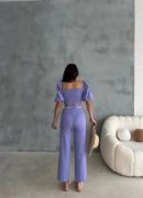 KETEN CROP KARPUZ KOL BLUZ-PANTOLON HASIR KEMERLİ - Mor resmi